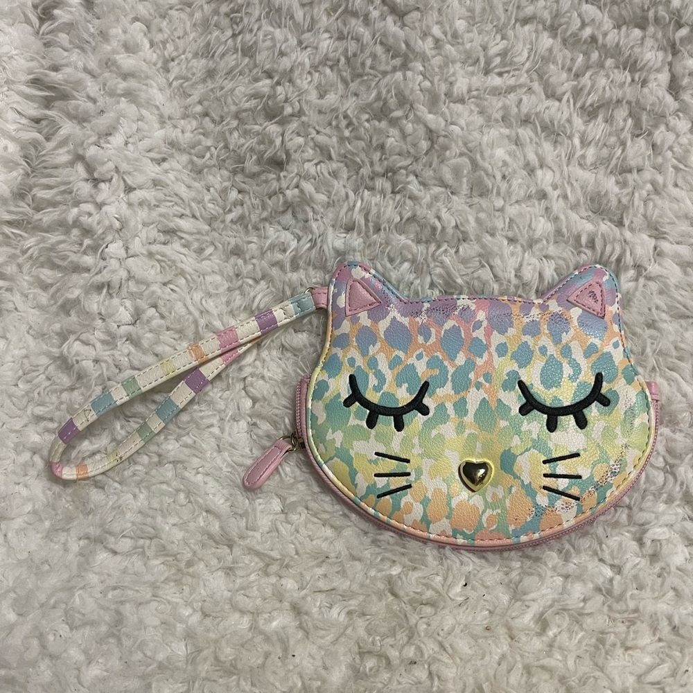 Love Betsey Pastel Cat Face Wristlet gold tone accent.